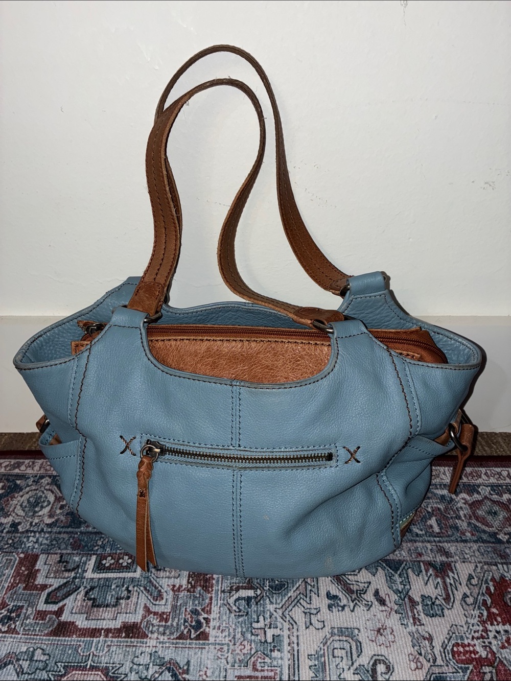 The Sak Blue & Brown Leather Hobo Shoulder Bag Boho Purse